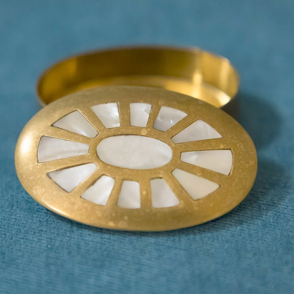 Vintage Oval Brass Pill Trinket Box with Mother of Pearl Inlay